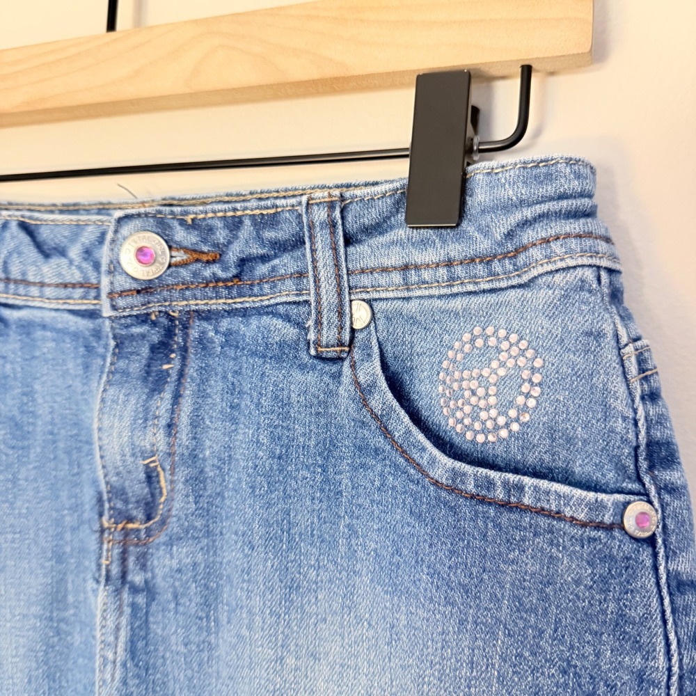 Vintage Y2K Denim Mini Skirt Peace Sign Embellished Pink Jewels All Girl SZ XS - Picture 4 of 8